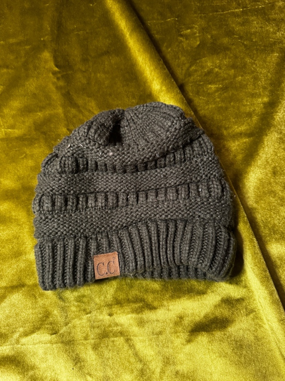 Dark Gray C.C. Knit Beanie with Leather Logo Patch